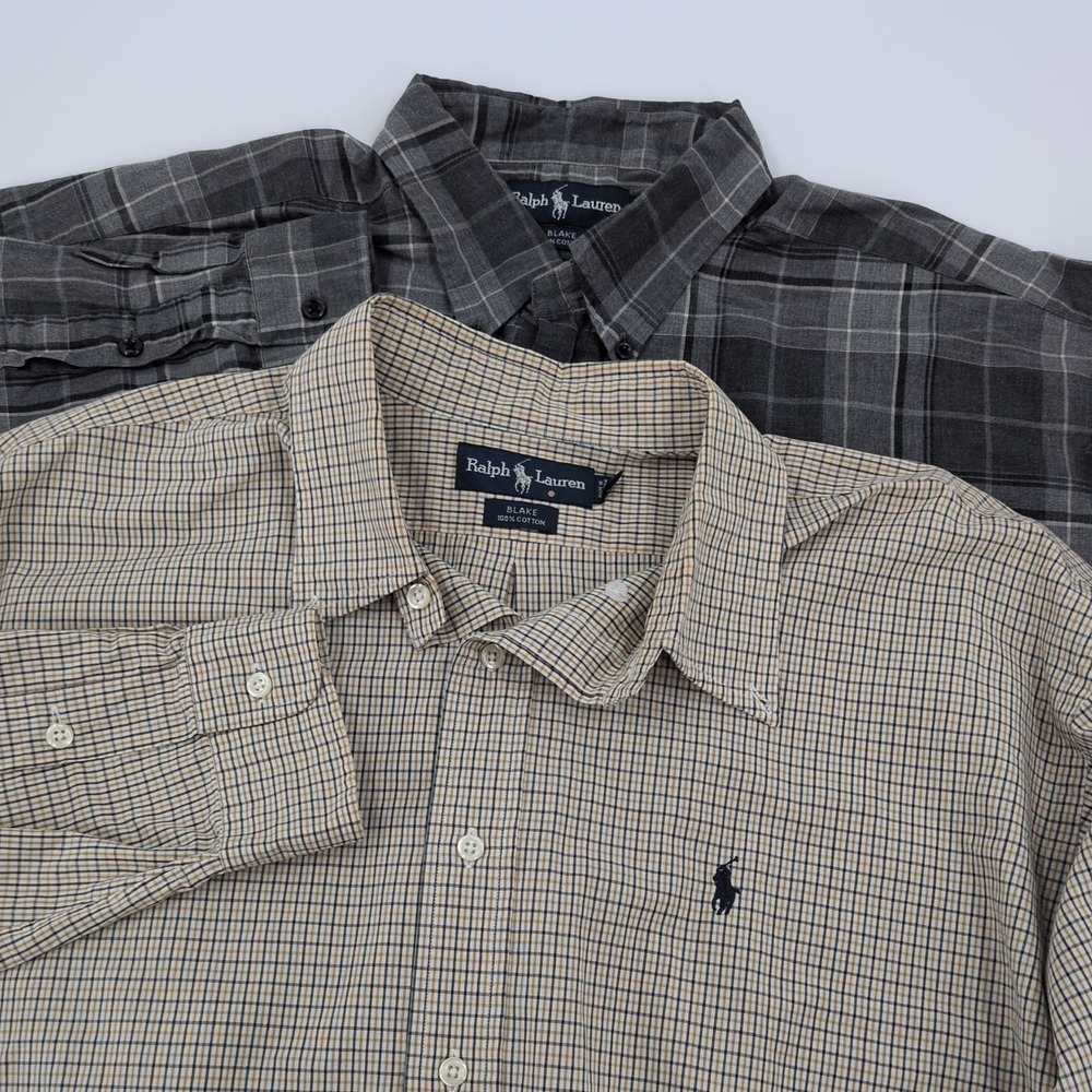 Vtg Lot of 2 Ralph Lauren Blake Shirts Men XL Gray Plaid Tan Plaid Cotton LS
